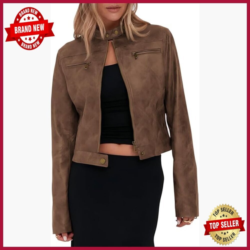Faux Leather Cropped Motorcycle Jacket, Stand Collar, Zip Up, Vintage Style
